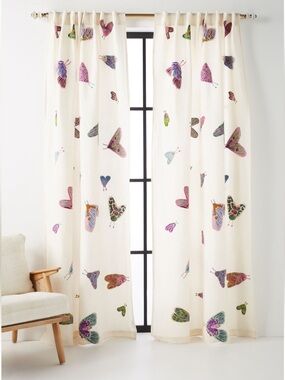 Stunning Anthropologie Luella Linen Curtain with Embroidered Wool Butterflies